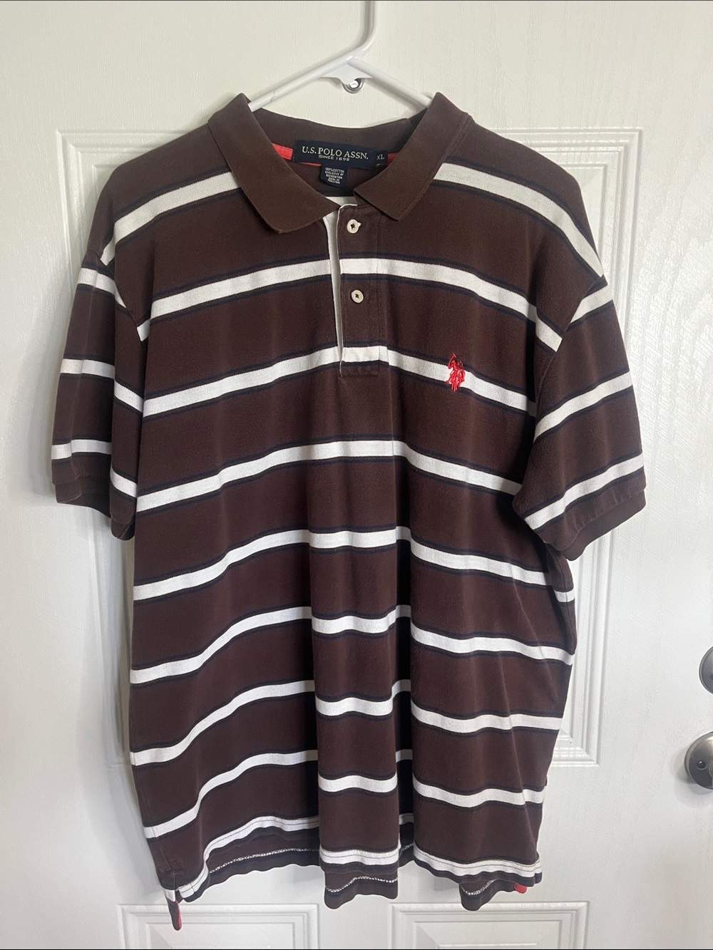 U.S. Polo Assn. Brown and White Striped Polo with Red Logo Size XL